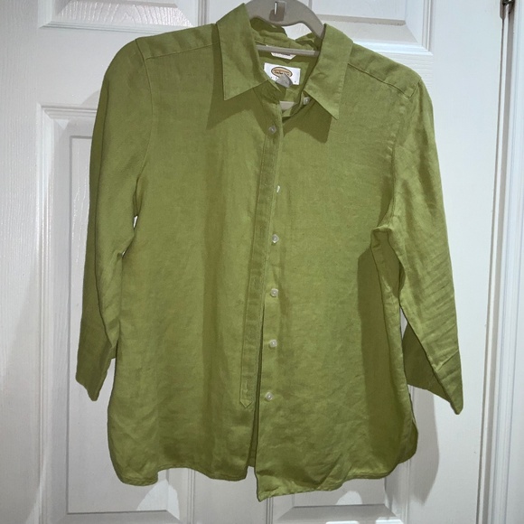 Talbots Petites Green Irish Linen 3/4 Sleeve Button Up Top Size 8P Blouse - Picture 1 of 5